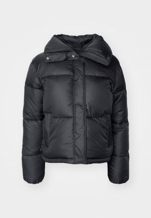 Black puffer jacket with a high collar, snap buttons, and two front pockets. Features a quilted texture and a fitted silhouette.