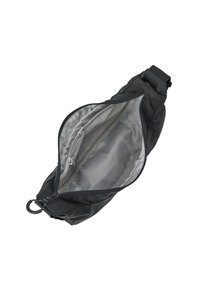 Schwarze Stofftasche mit einem Reißverschluss, innen glatt grau gefüttert und mit einer Innentasche. Beinhaltet eine Schlaufe zur Befestigung.