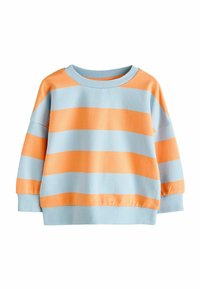 Light blue and orange striped sweatshirt with a round neckline, loose fit, and ribbed cuffs and hem. Soft fabric with visible texture.