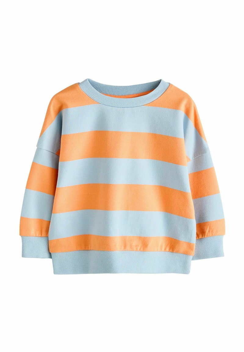 Light blue and orange striped sweatshirt with a round neckline, loose fit, and ribbed cuffs and hem. Soft fabric with visible texture.