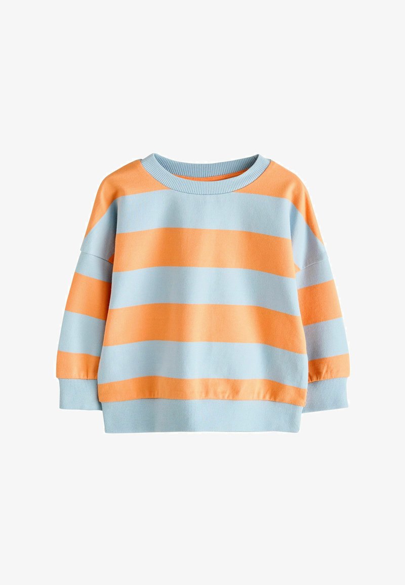 Light blue and orange striped sweatshirt with a round neckline, loose fit, and ribbed cuffs and hem. Soft fabric with visible texture.