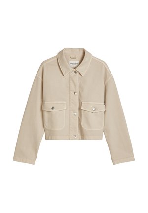 Beige kurze Jacke mit langen Ärmeln, Knopfverschluss, spitzem Kragen und zwei großen vorderen Klappentaschen.