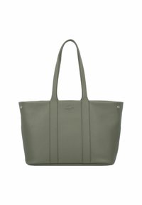Borsa tote in pelle verde con due lunghe maniglie, dettagli a cucitura verticale e un logo discreto sul fronte. Texture liscia, design con apertura superiore.
