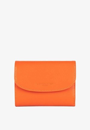 Orange leather wallet with a flap closure, embossed logo on the front, and contrasting stitching. Compact, rectangular shape.