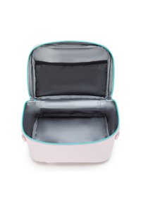 Borsa cosmetica rosa con zip turchese, interno grigio e tasca in rete per l'organizzazione. Texture liscia, forma rettangolare.
