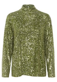 Maglione a maniche lunghe verde oliva coperto da una fitta decorazione di paillettes lucide, con collo alto e zip sul retro.