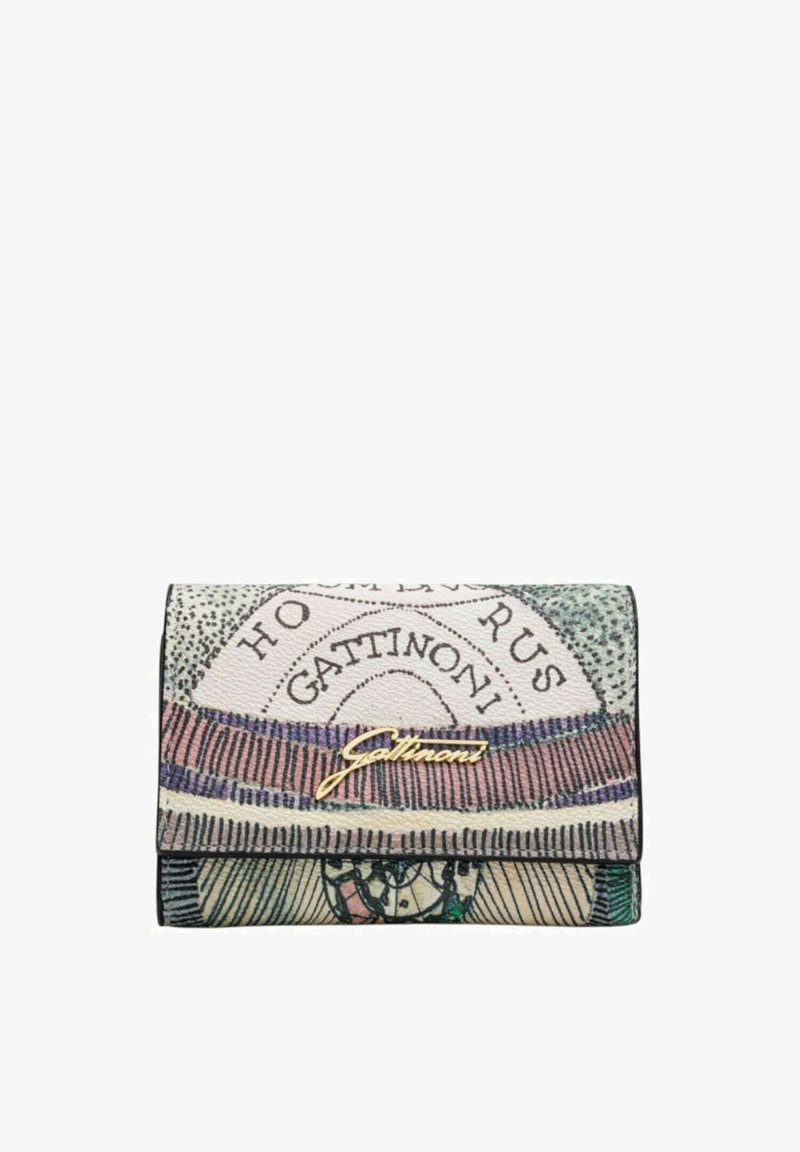 Pieni taitettava lompakko, jossa on monivärinen abstrakti kuvio ja "Gattinoni"-kultainen metallilogo etutaitteessa.