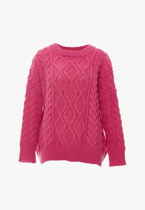 Lyserød strikket sweater med kabelmønstre, ribbestrikkede manchetter og rund halsudskæring. Blød tekstur med løs pasform og ærmer i mellemlængde.