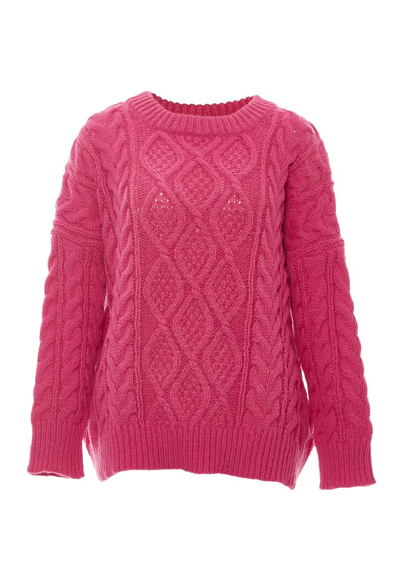 Rosa stickad tröja med kabelmönster, ribbade ärmslut och rund halsringning. Mjuk textur med en avslappnad passform och ärmar av medellängd.