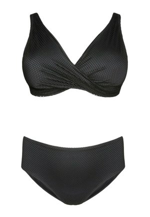 To-delt sort tekstureret bikini sæt med en omslagsstil overdel og midt-højt bundstykke på en hvid baggrund.