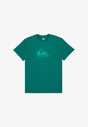 Türkisfarbener Baumwoll-T-Shirt mit Rundhalsausschnitt, kurzen Ärmeln und einem Quiksilver-Logo in der Mitte der Brust in einem etwas dunkleren Farbton.
