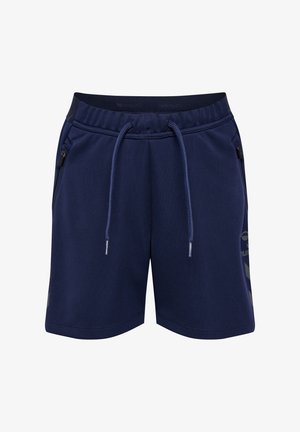 Dunkelblaue Sportshorts mit einem elastischen Bund, Kordelzug und seitlichen Reißverschlüssen. Mit Logodruck und glatter Stoffoberfläche.