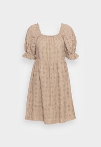 Vestido de manga curta xadrez em bege com mangas bufantes, decote quadrado e cintura franzida, apresentando padrões subtis em preto e castanho.