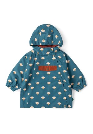 Blue toddler rain jacket with hood, featuring white cloud and yellow lightning bolt pattern, front snap buttons, and a brown chest pocket flap.