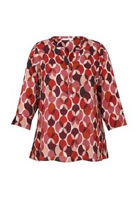 Blusa donna con maniche lunghe, motivo circolare in rosso, rosa e bordeaux, scollo a bottone e vestibilità comoda.