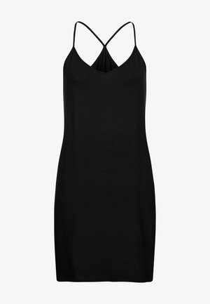Black sleeveless dress with a v-neckline and crisscross back straps. Made of smooth fabric, fitted cut, knee-length design.