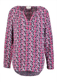 Långärmad blus i ett geometriskt mönster av rosa, lila och blått. Har en V-hals och veck vid axlarna. Lättviktig tyg.