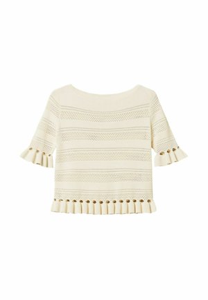 Top in maglia color crema con maniche corte, righe perforate orizzontali e bordi arricciati su maniche e orlo.