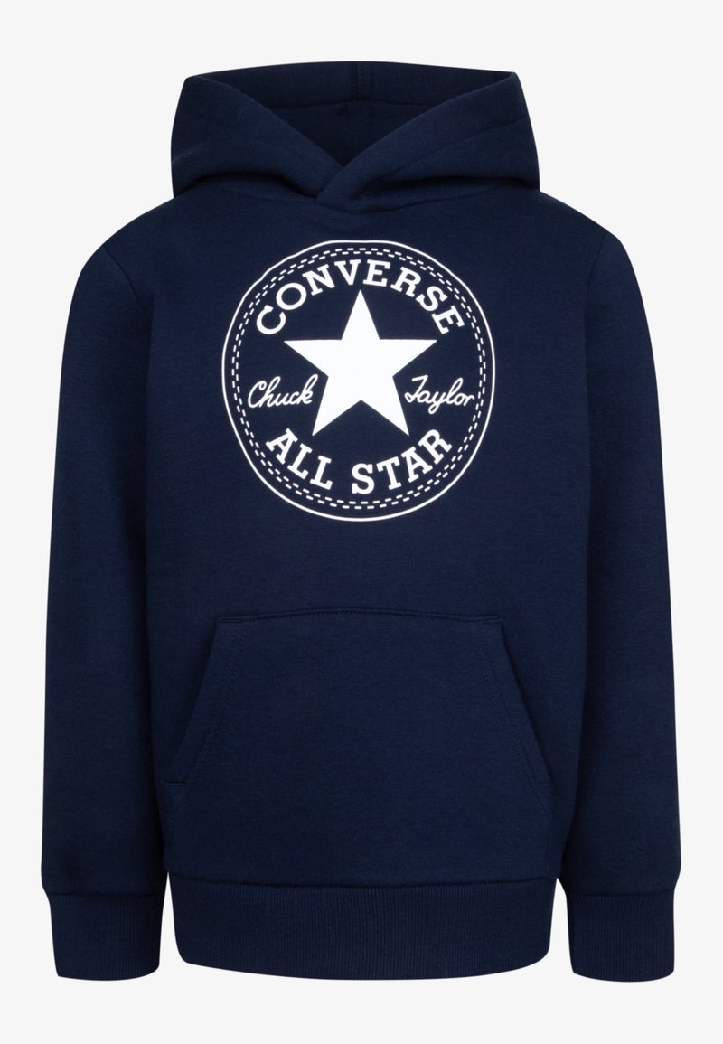 Granatowy bluza z kapturem wykonana z bawełny, z dużym białym logo w kształcie gwiazdy oraz napisem "Converse All Star", a także z kieszenią typu kangur na przodzie.