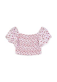 Top corto in tessuto bianco con stampa floreale rossa. Il design smock e le maniche a sbuffo aggiungono texture e forma.