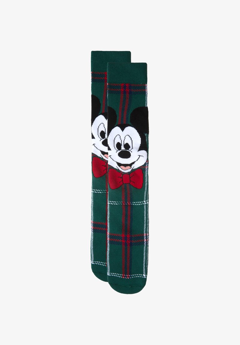 Grønne sokker med et ternet mønster i rød og hvid, prydet med et stort hvidt ansigt af Mickey Mouse og en rød butterfly.