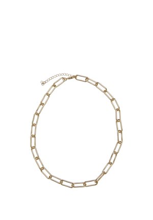 Collana a catena color oro con maglie rettangolari allungate ed estensione regolabile della chiusura su sfondo bianco.