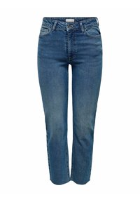 Jeans de mezclilla azul de tiro medio con corte recto, que cuentan con cinco bolsillos, cremallera y detalles sutiles de desgastado en los muslos.