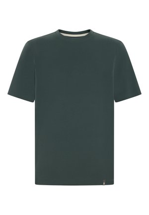 Tmavě zelené tričko s krátkými rukávy a kulatým výstřihem s malou černou visačkou na spodním lemu na bílém pozadí.