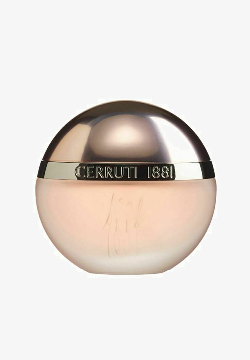 Cerruti 1881 parfumbutelj har en semi-transparent rosa sfärisk bas med ett metalliskt bronslock och en graverad logoband.