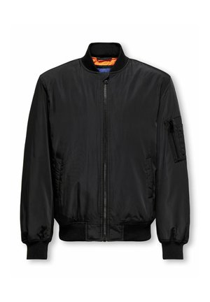 Veste bomber noire avec fermeture éclair frontale, poche zippée sur la manche gauche, poignets, col et taille côtelés, et doublure intérieure orange.