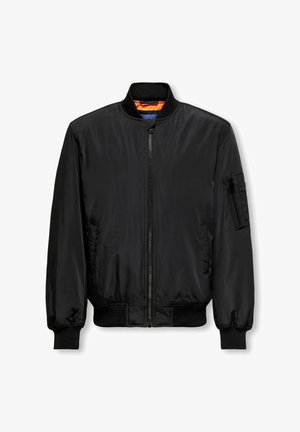 Čierna bomber bunda so zipsom vpredu, vreckom na zips na ľavom rukáve, rebrovanými manžetami, golierom a pásom, s oranžovou vnútornou podšívkou.