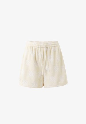 Hellcremefarbene Frottee-Shorts mit elastischem Bund, Kordelzug und dezentem Blumenmuster durchgehend.