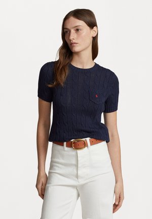 Cable Knit Cotton Short Sleeve Sweater - T-paita - hunter navy