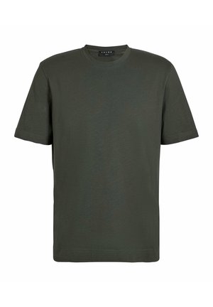 T-shirt en coton vert olive, manches courtes, col ras du cou classique, design simple, texture douce, avec un détail de couture subtil près de l'ourlet.