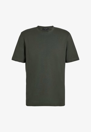 Olivgrünes Baumwoll-T-Shirt, kurze Ärmel, klassischer Rundhalsausschnitt, schlichtes Design, weiche Textur, mit einem dezenten Nähdetail am Saum.