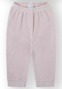 Pantalones suaves de bebé en color rosa claro con cintura elástica y puños en los tobillos, confeccionados con tela de forro polar acogedora.
