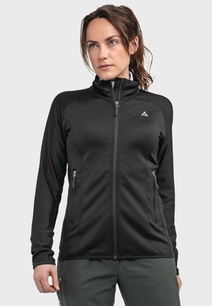 Schwarze Zip-Up-Jacke mit strukturiertem Muster, hohem Kragen und zwei seitlichen Taschen. Mit kleinem Logo auf der Brust und langen Ärmeln.