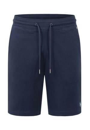 Marineblaue Freizeithose mit elastischem Bund, verstellbarem Kordelzug und kleinem Logo am unteren rechten Bein.