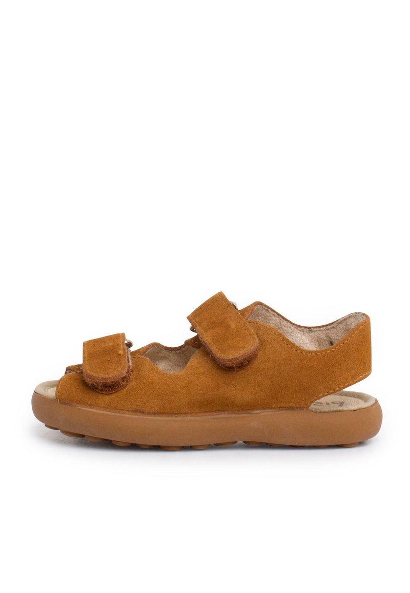 Brown suede sandal with two adjustable Velcro straps, open design, round toe, and rubber sole. Features a cushioned inner lining.