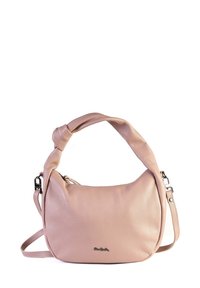 Borsa a tracolla in pelle rosa chiaro con manico superiore annodato, tracolla removibile e piccolo logo metallico del marchio sulla parte anteriore.
