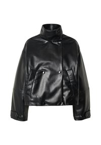 Schwarze Leder-Cropped-Jacke mit hohem Kragen, doppelreihigem Frontverschluss, zwei Seitentaschen und Druckknopf-Akzenten an den Ärmeln.
