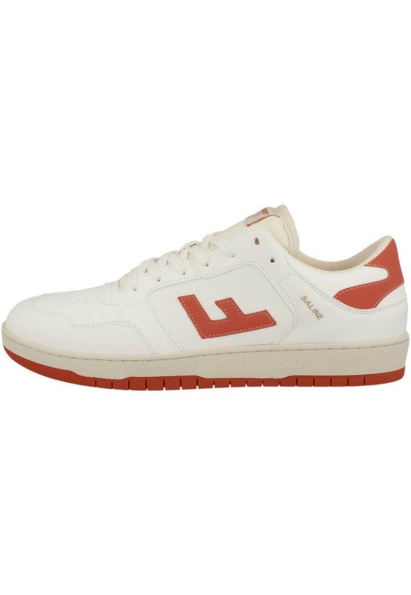 White leather sneaker with red accents, featuring a textured surface, rounded toe, lace-up design, and a rubber sole with horizontal grooves.