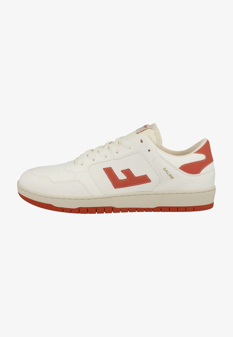 White leather sneaker with red accents, featuring a textured surface, rounded toe, lace-up design, and a rubber sole with horizontal grooves.
