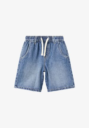 Jasnoniebieskie szorty jeansowe z elastycznym paskiem i białym sznurkiem, z przednimi kieszeniami i luźnym krojem.