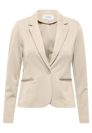 Blazer beige en tissu lisse, avec col à revers, fermeture à bouton unique et deux poches avant avec des détails passepoilés.