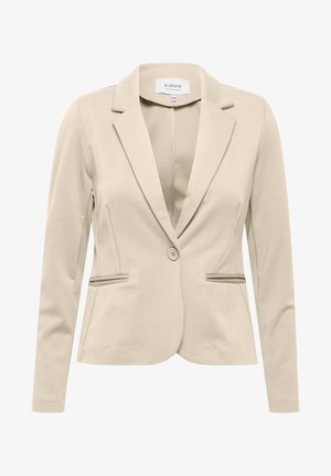 Blazer beige hecho de tela suave, con solapa muesca, cierre de un solo botón y dos bolsillos frontales con detalles de ribete.