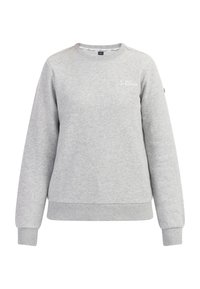 Grijze sweatshirt met een ronde halslijn, geribbelde manchetten en zoom. Heeft een klein logo op de borst en een gladde, lichte stoftextuur.