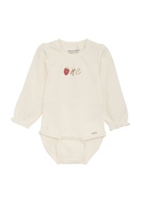 Långärmad bodysuit i krämfärgad ekologisk bomull med volangärmar. Har en röd jordgubbsgraphic och ordet "one" i guldbroderi.