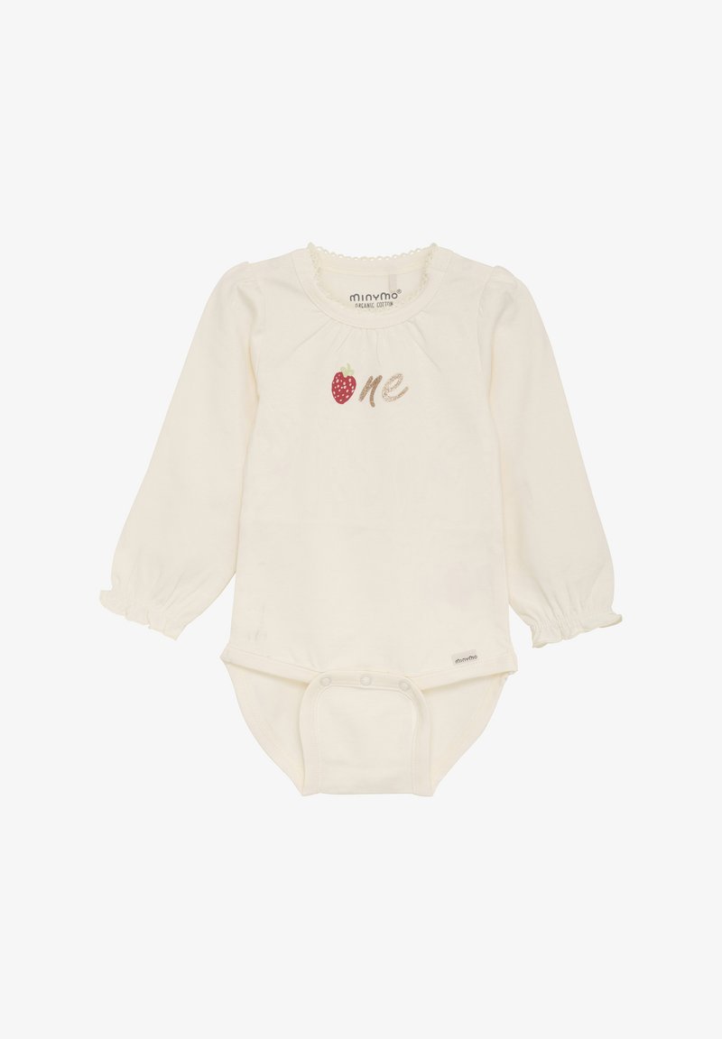 Bodysuit à manches longues en coton organique crème avec des poignets volantés. Présente un graphisme de fraise rouge et le mot "un" en broderie dorée.