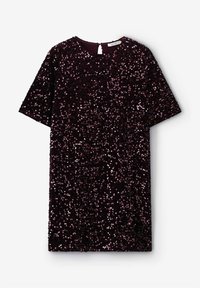 Robe bordeaux à sequins avec manches courtes, encolure ronde et détail dos échancré. Le tissu présente une surface texturée et scintillante.